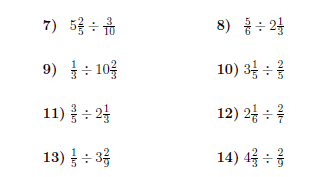 Division between fractions and mixed numbers worksheet (with solutions