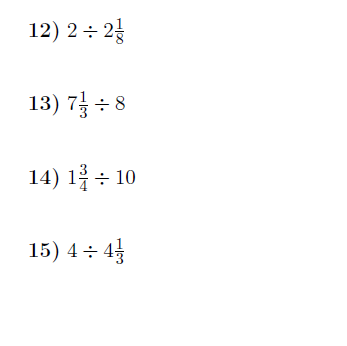 Dividing mixed numbers and whole numbers worksheet (with solutions