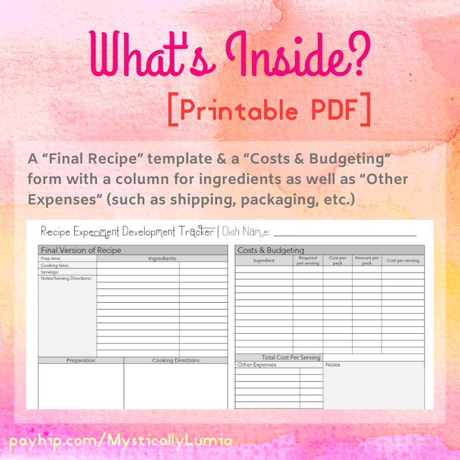 recipe experiment development tracker printable pdf